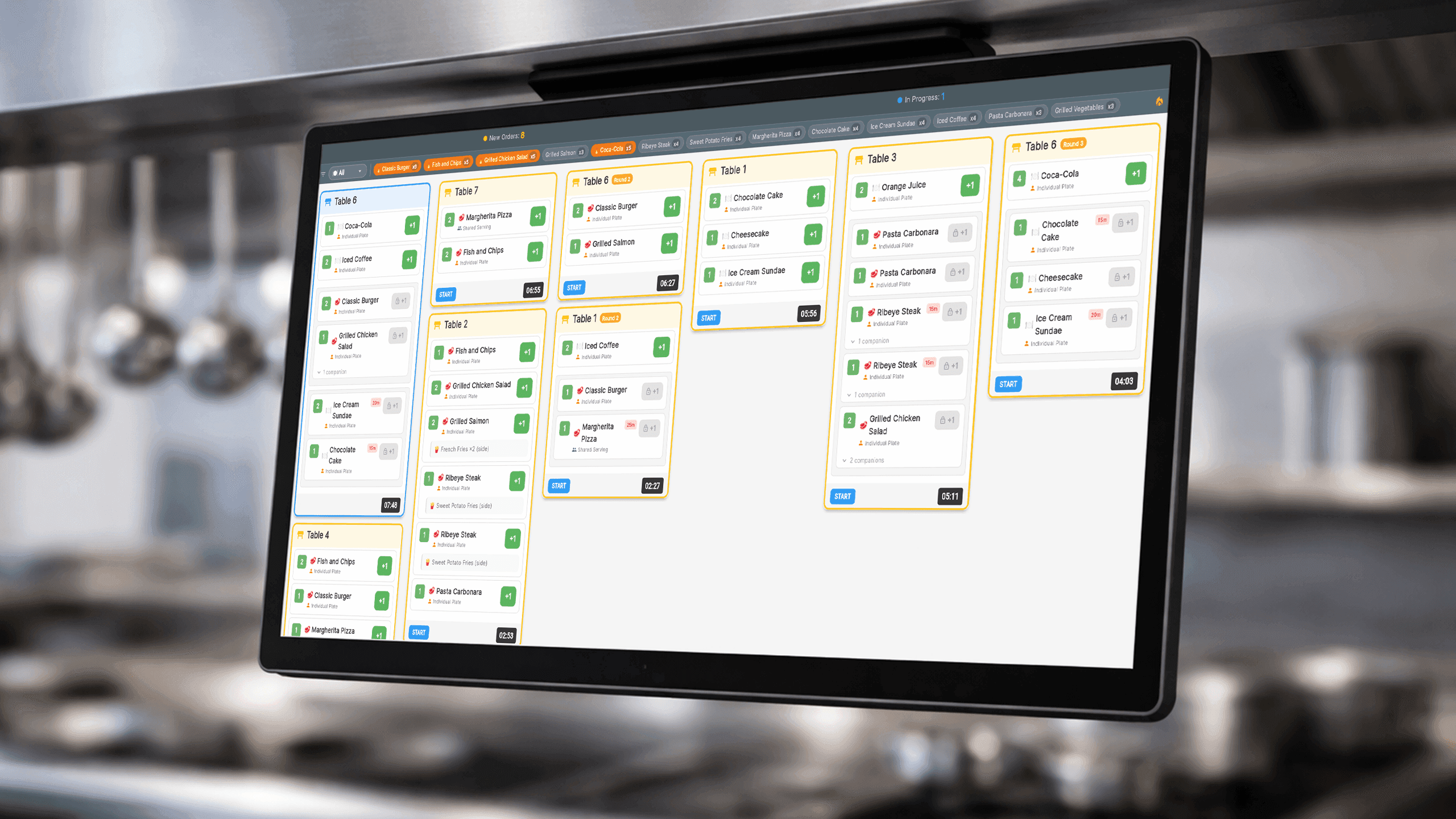 Kitchen Display System showing multiple active orders
